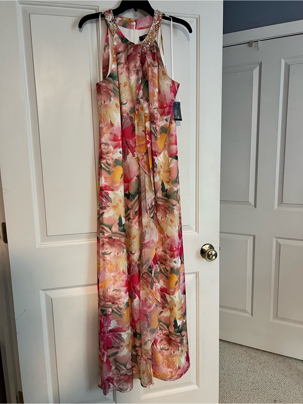 NWT Floral Halter Maxi Dress with Beaded Neckline - Pink Multi